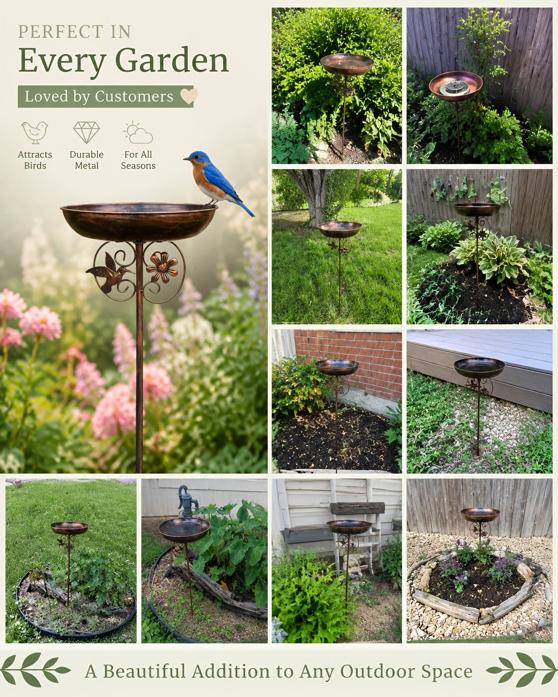 Bird Bath with Sunflower and Hummingbird Accents, Bronze Metal Outdoor Basin with 5-Claw Ground Stake for Garden and Backyard Decor, No Fountain
