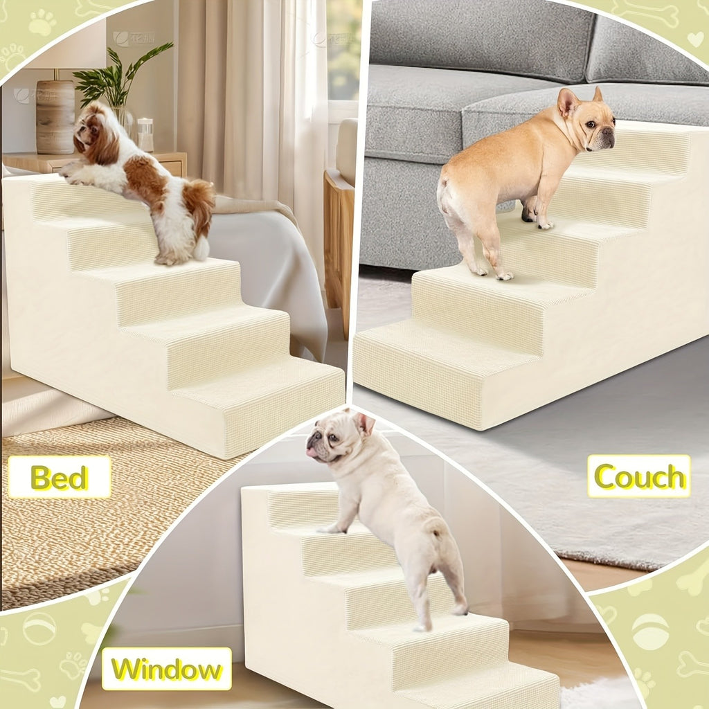 Foam Dog Stairs for Small Dogs, 5-Step Pet Steps with Supportive Board and Non-Slip Removable Washable Cover in Grey or Navy for Home Use