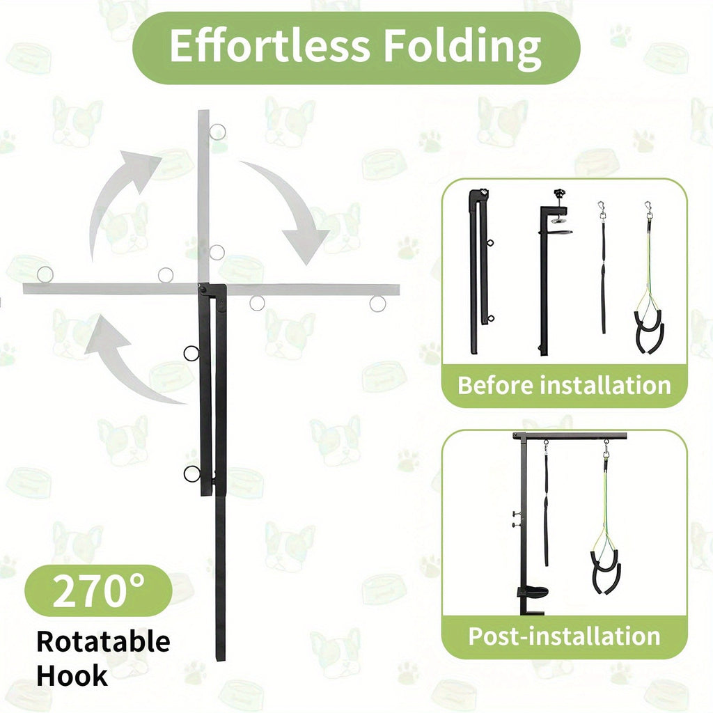 Dog Grooming Table Arm, Black Foldable Pet Grooming Stand with Adjustable Table Clamp and Restraint Loops for Small and Medium Dogs, Table Not Included