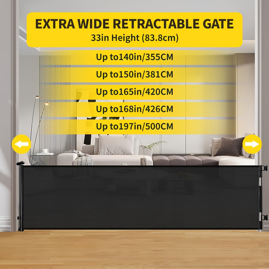Retractable Mesh Dog Gate for Doorways and Hallways, Indoor Outdoor Pet Barrier in Black, White or Gray, Multiple Sizes up to 197 Inches Wide