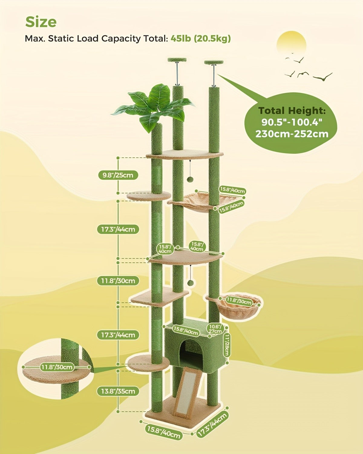 Adjustable Floor to Ceiling Cat Tree 90.5–100.4 Inches, Dual Top Support Indoor Tower with Condo, Hammocks, Climbing Platforms and Scratching Posts