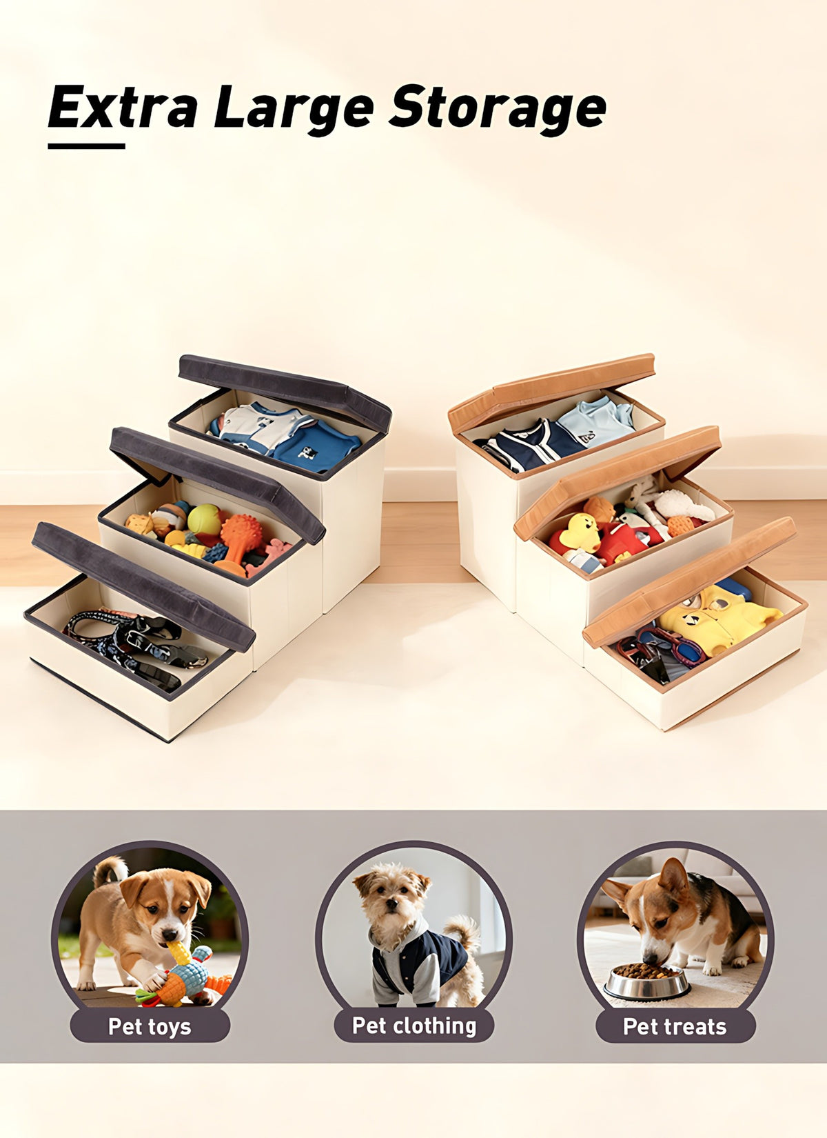 Foldable Dog Stairs with Storage Ottoman Design, Soft Cushioned Non-Slip Pet Steps for Bed and Couch, 3/4-Step Styles with Chicken Leg Plush Toy