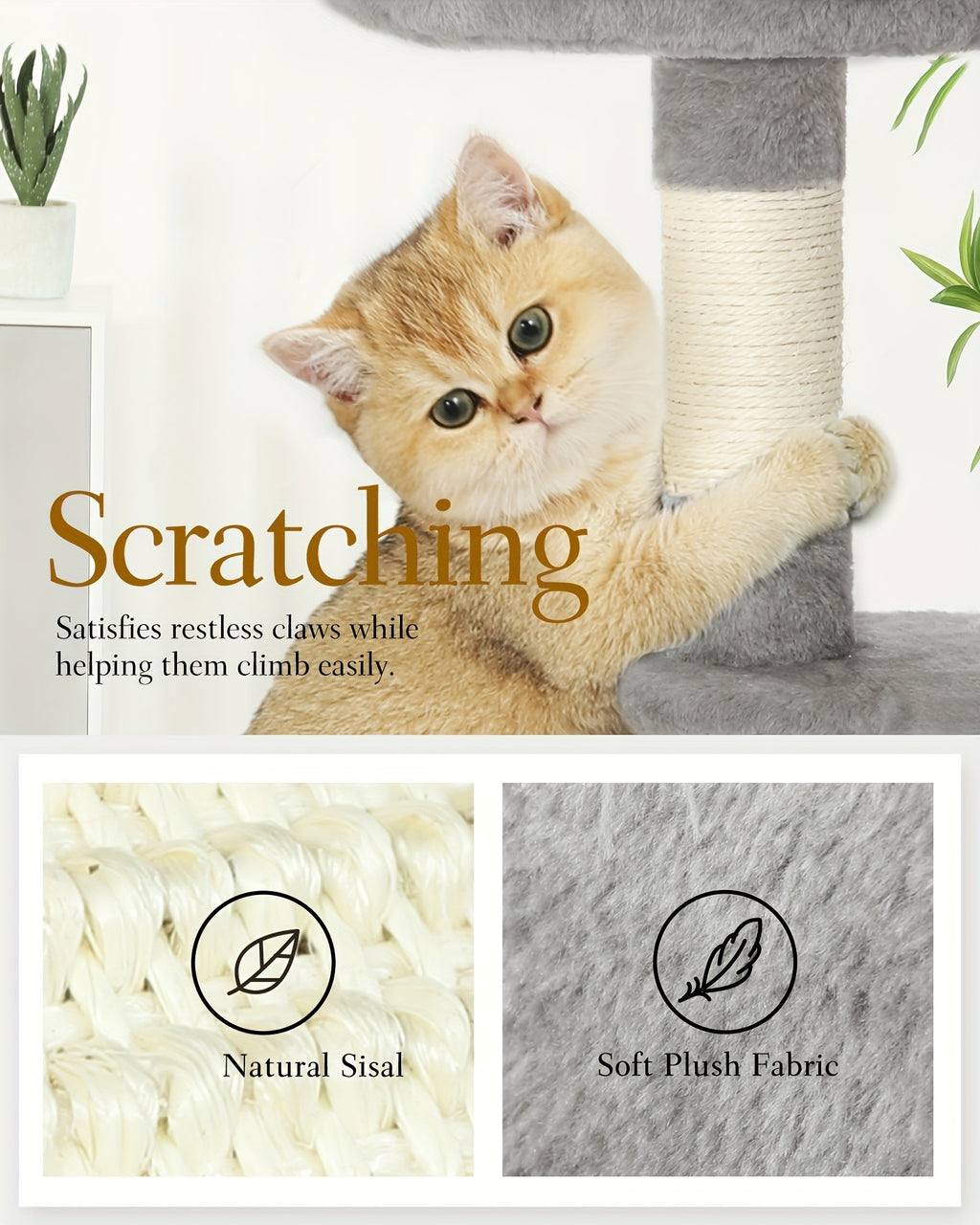 Cat Tree 36.6 Inch with Hammock and Plush Perch, Multi-Level Indoor Cat Climbing Tower with Sisal Scratching Post in Gray or Dark Gray