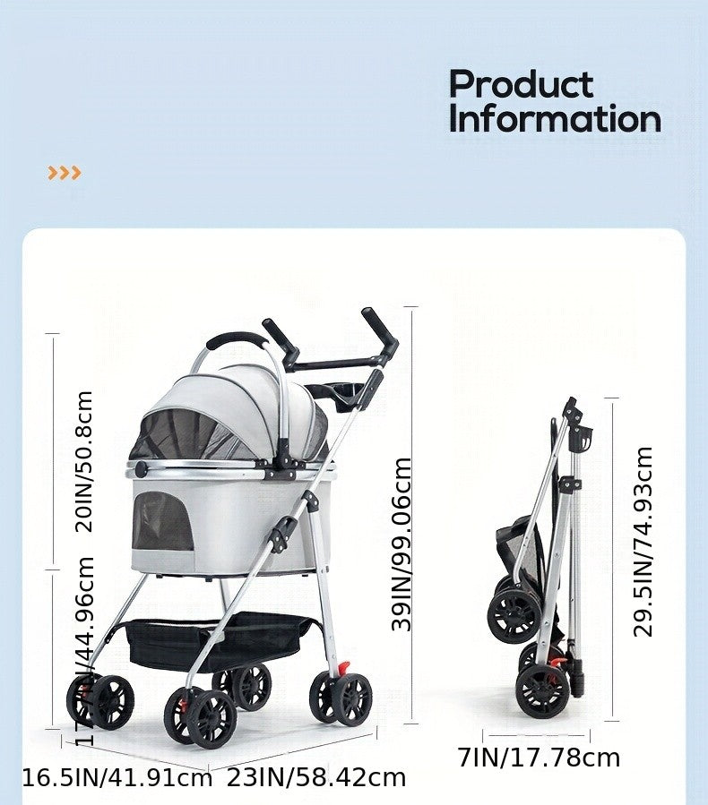 Pet Stroller with Detachable Carrier for Small and Medium Dogs and Cats, 3-in-1 Travel Pushchair for Everyday Outings in Grey, Black or Pink