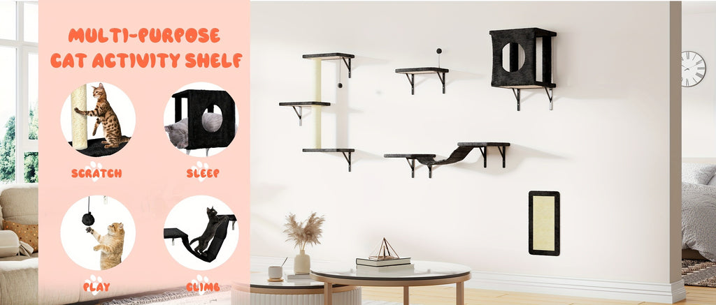 5-Piece Cat Wall Shelves Set with House, Bridge Hammock, Scratching Post and Pad, Wall-Mounted Indoor Climbing Furniture in Grey or Beige