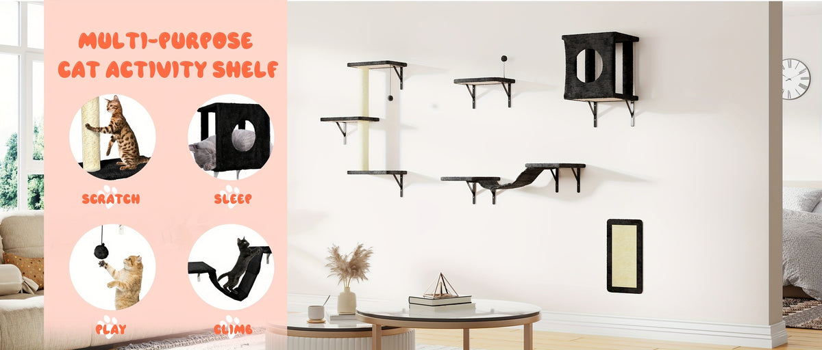 5-Piece Cat Wall Shelves Set with House, Bridge Hammock, Scratching Post and Pad, Wall-Mounted Indoor Climbing Furniture in Grey or Beige