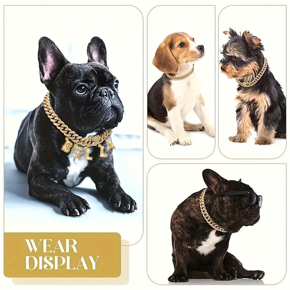 Personalized Dog Name Necklace, Rhinestone Cuban Link Chain with Custom Pendant, Gold or Silver Color Zinc Alloy Pet Jewelry for Photos and Parties