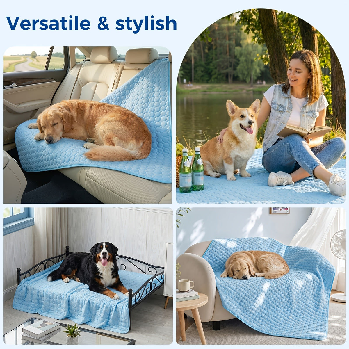 Extra Large Dog Cooling Mat for Dogs and Cats, 79 x 67 Inch Washable Non-Slip Summer Fabric Pad for Sofa Covers, Beds and Crate Liners, Blue