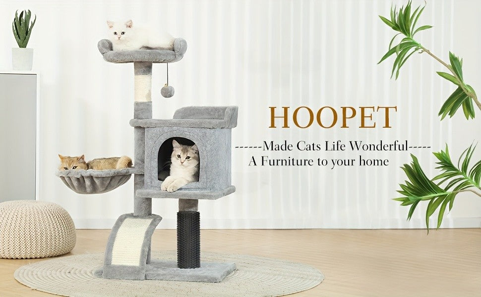 Cat Tree 36.6 Inch with Hammock and Plush Perch, Multi-Level Indoor Cat Climbing Tower with Sisal Scratching Post in Gray or Dark Gray
