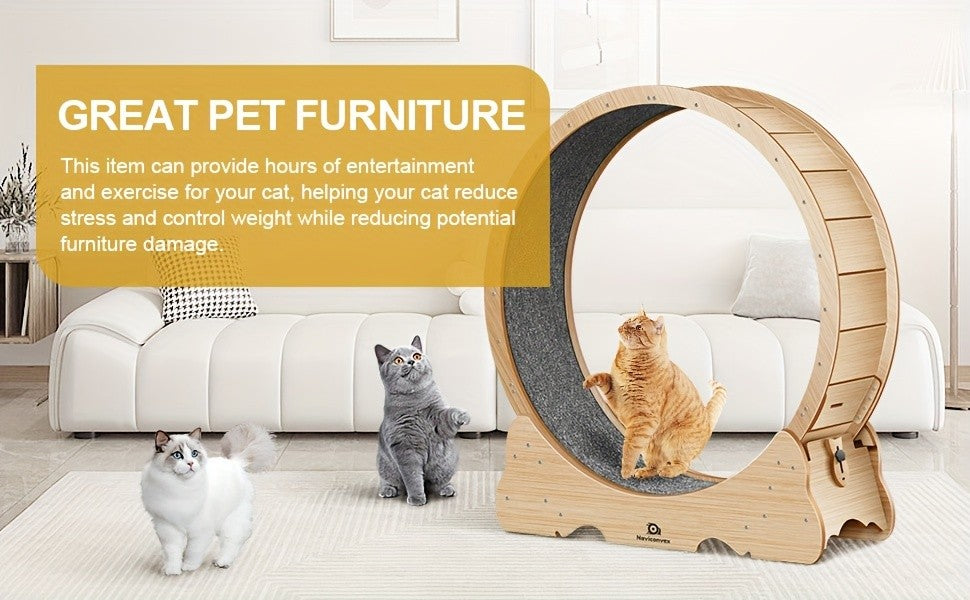 45 Inch Cat Exercise Wheel with Carpeted Runway, Large Wooden Indoor Cat Treadmill for Supervised Activity in Wood, Black or White