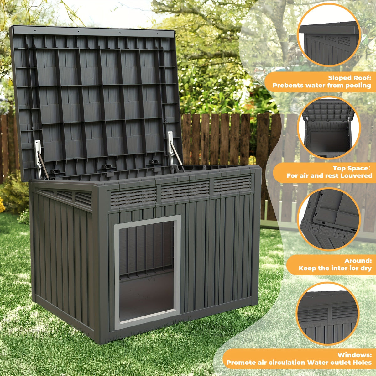 Dog House for Large Dogs Outdoor, All-Weather Resin Dog Shelter with Lift-Up Slant Roof and Ventilation Louvers, Windproof Rainproof UV-Resistant, 2 Sizes in Black or Gray