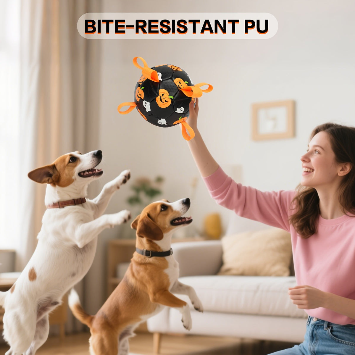 Halloween Dog Ball with Pumpkin and Ghost Print, Black Soccer-Style Fetch Toy with Orange Grab Straps, Pump and Needle for Supervised Outdoor Play