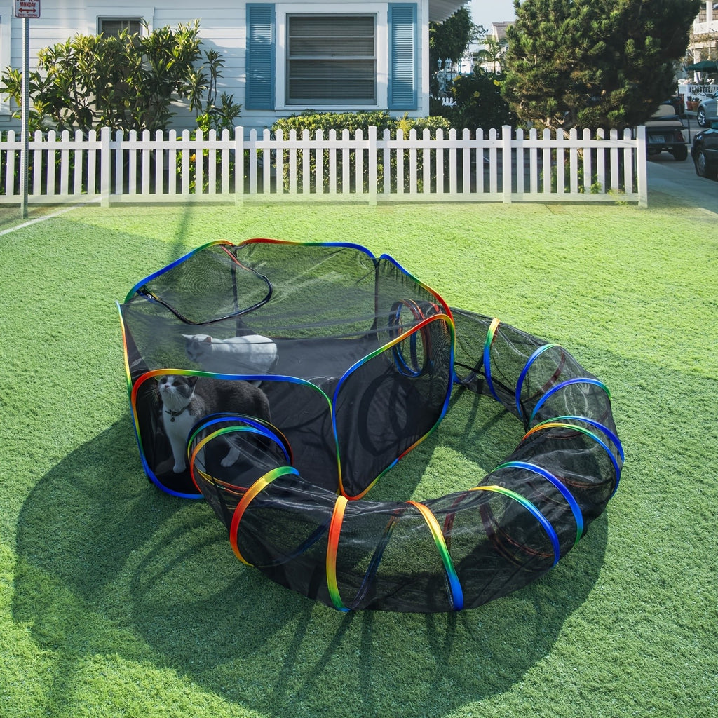 Cat Tent and Tunnel Set, Rainbow Portable Outdoor Cat Playpen with Circle Tunnel for Supervised Backyard Exploration and Everyday Play