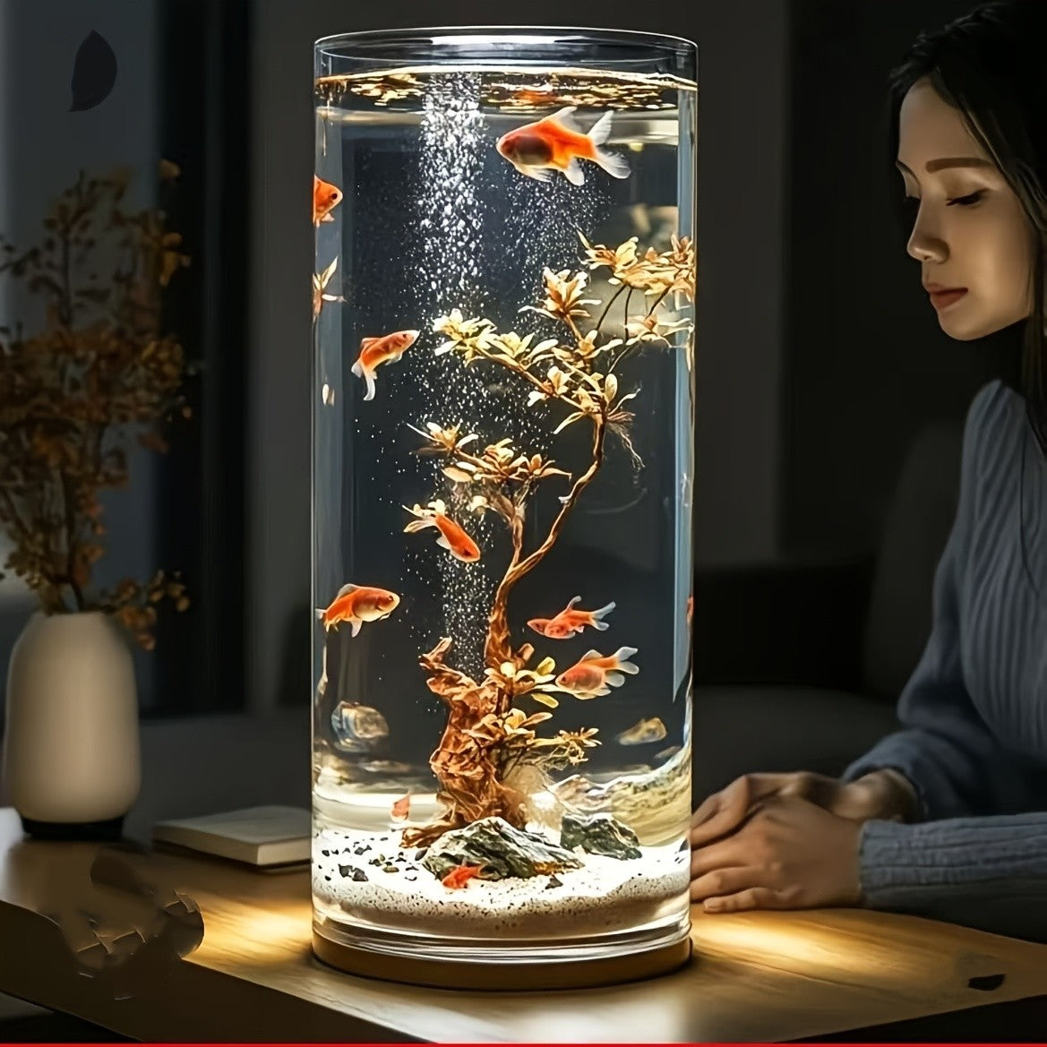 Acrylic Fish Tank with Round Cylindrical Design, 13.78 x 5.90 Inch Ornamental Aquarium Container for Home Aquatic Displays and Fishkeeping Setups