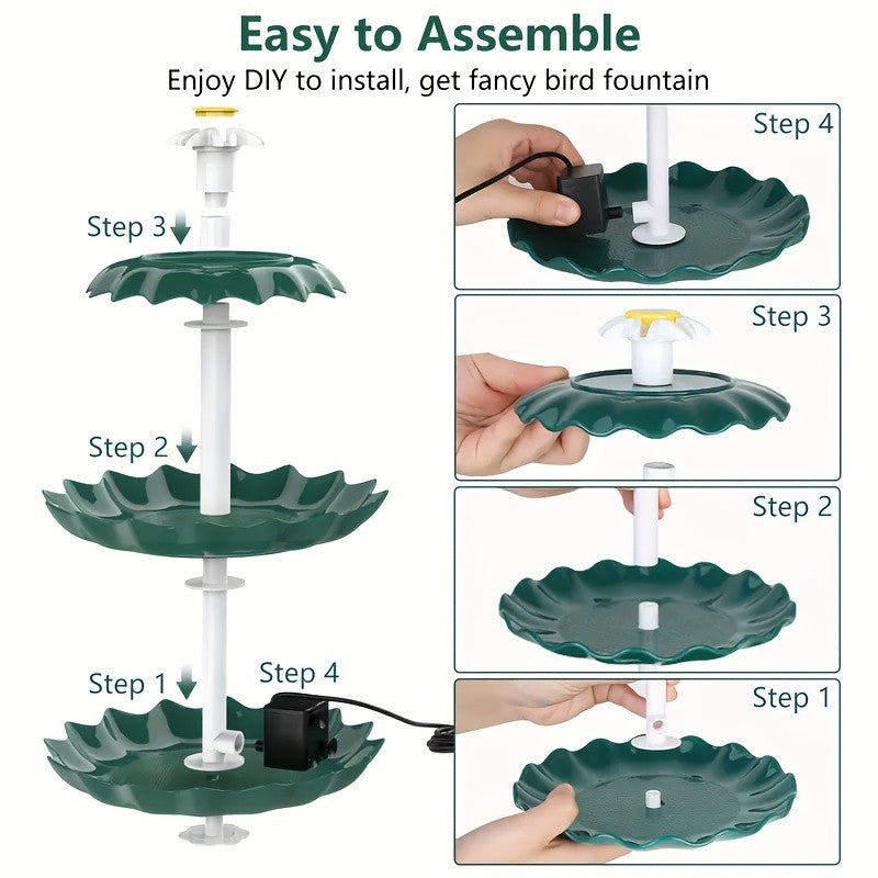 Solar Bird Bath Fountain 3.5W in Dark Green, Three-Layer Flowing Water Feature with Detachable Design for Outdoor Garden, Patio and Backyard Decoration