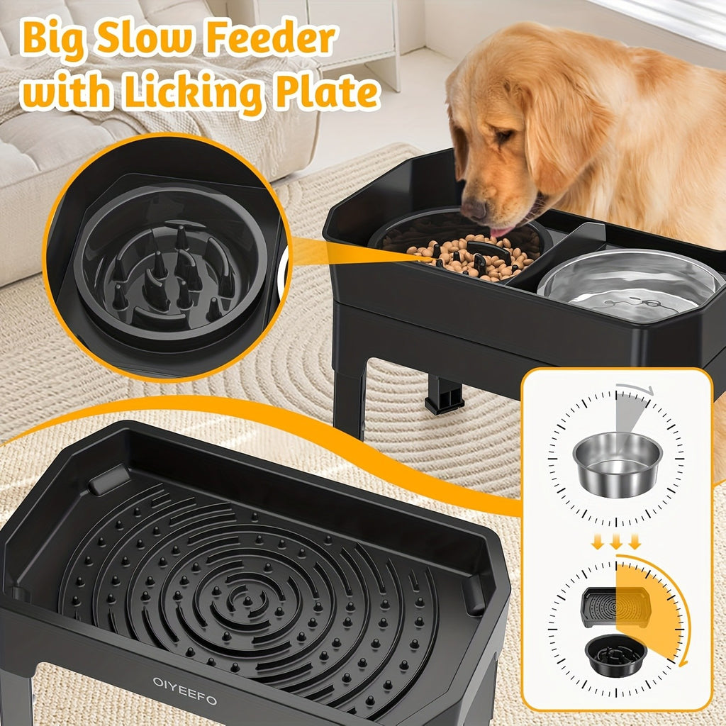 Splash Guard Elevated Dog Bowls with Four Adjustable Heights, Two 53oz Stainless Steel Bowls and Non-Slip Feet for Everyday Food and Water