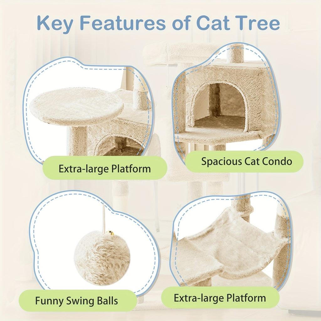 Cat Tree 44 Inch with Extended Platform, Indoor Cat Tower with Condo Hideaway, Hammock and Natural Sisal Scratching Posts in Five Colors