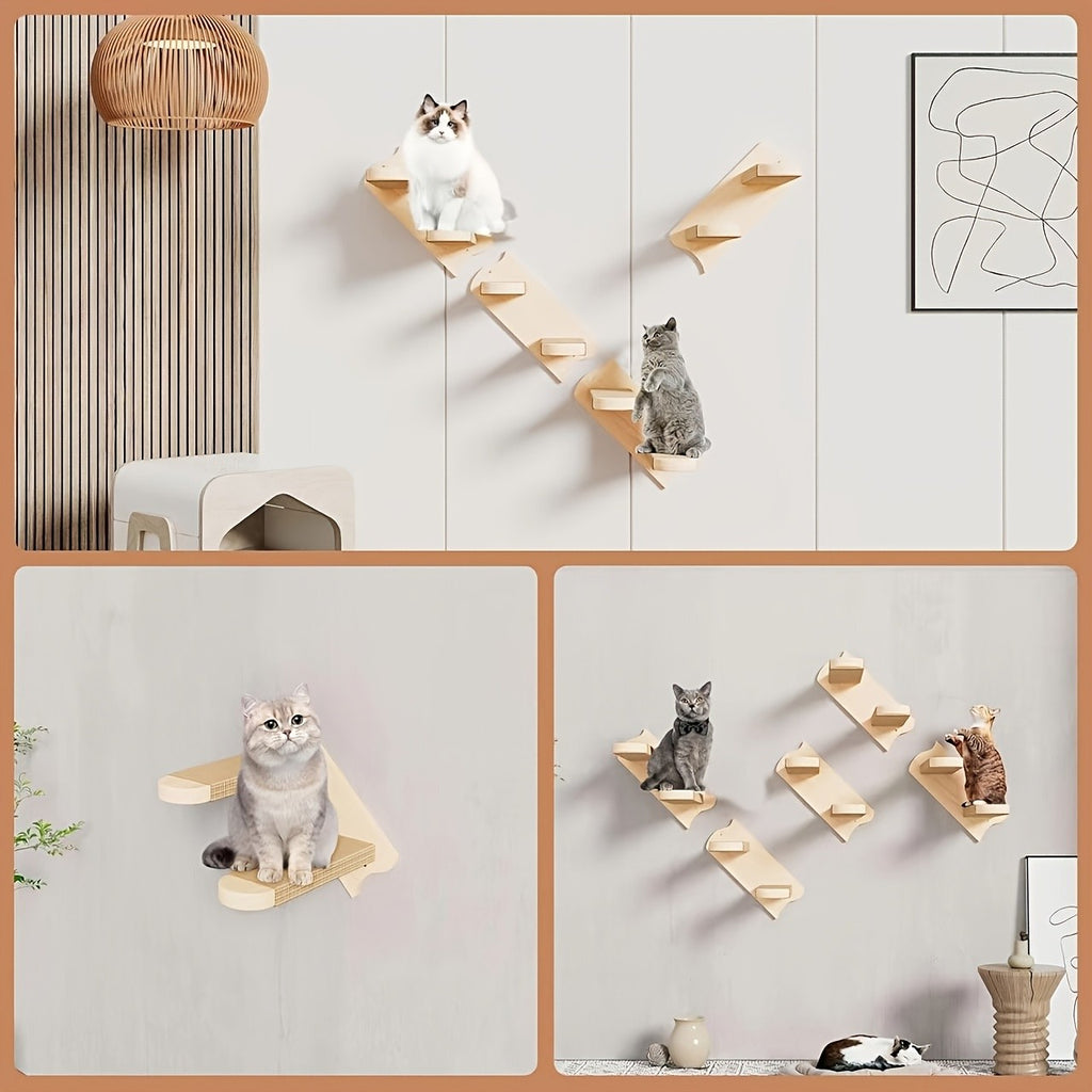 Cat Wall Stairs with Four Rope-Wrapped Steps, Solid Wood Wall-Mounted Climbing Ladder for Indoor Cat Routes and Space-Saving Furniture Layouts