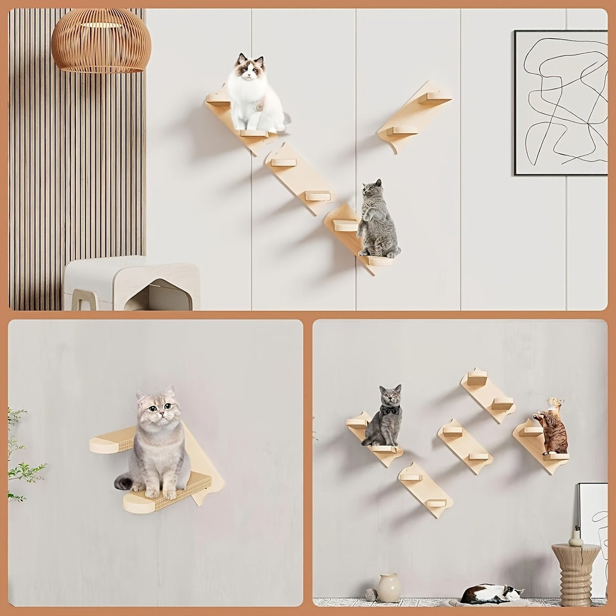 Cat Wall Stairs with Four Rope-Wrapped Steps, Solid Wood Wall-Mounted Climbing Ladder for Indoor Cat Routes and Space-Saving Furniture Layouts
