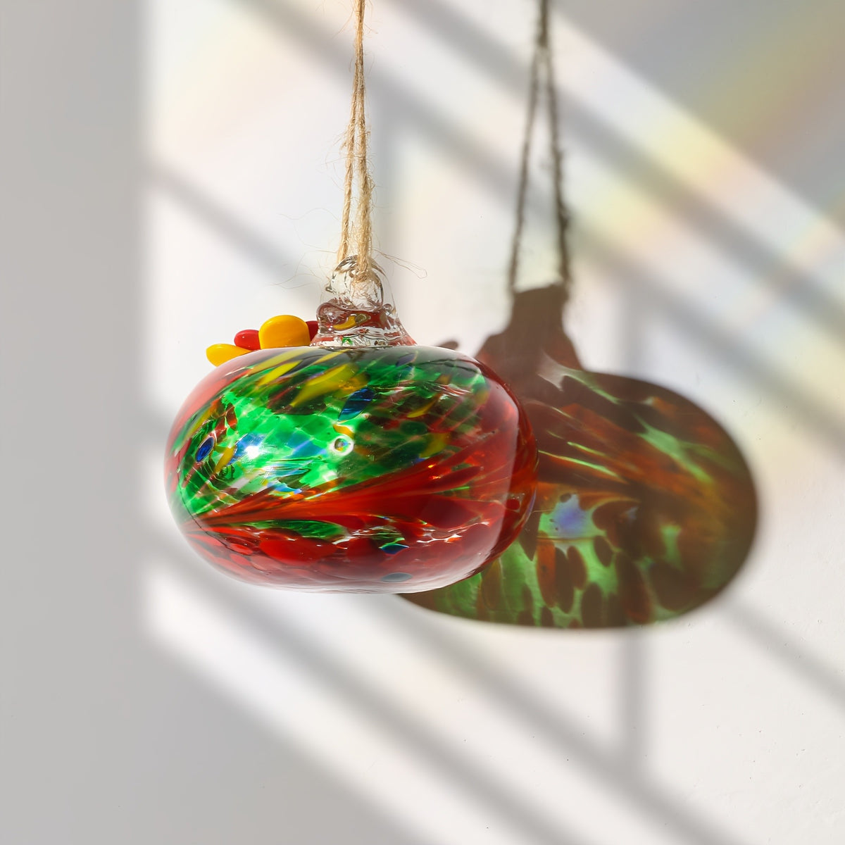 Hanging Glass Hummingbird Feeder with Flower Port, Colorful Round Nectar Ornament for Garden, Patio and Terrace Decor, Bird Lover Gift