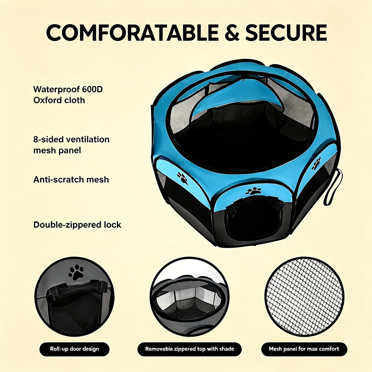 Foldable Puppy Playpen for Dogs and Cats, Octagonal Oxford Cloth Pet Tent in Blue or Off White for Supervised Indoor Rest and Outdoor Camping