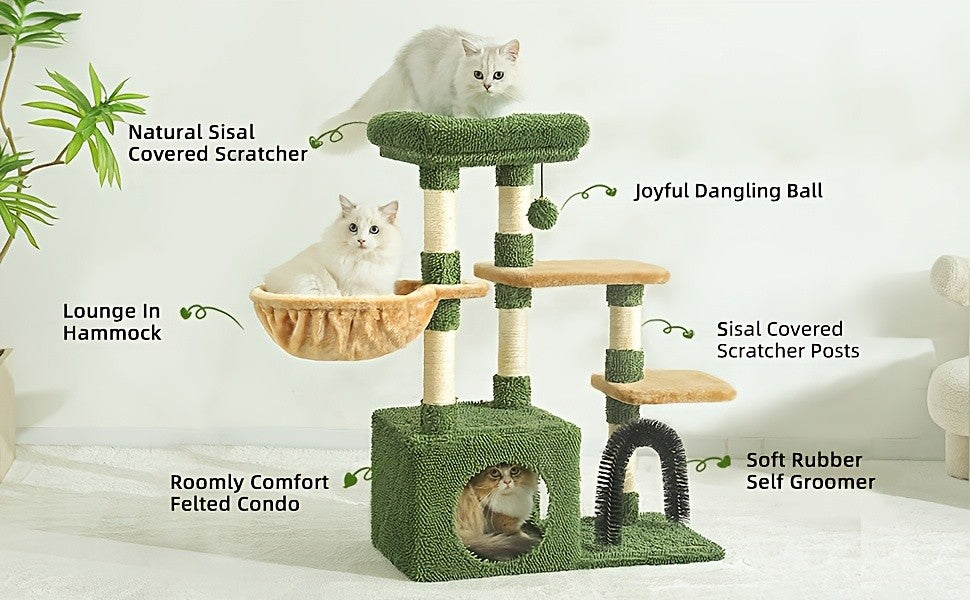 Nature Inspired Cat Tree with Plush Perch, Indoor Cat Tower with Scratching Surfaces, Condo Hideaway and Dangling Ball for Climbing, Play and Rest