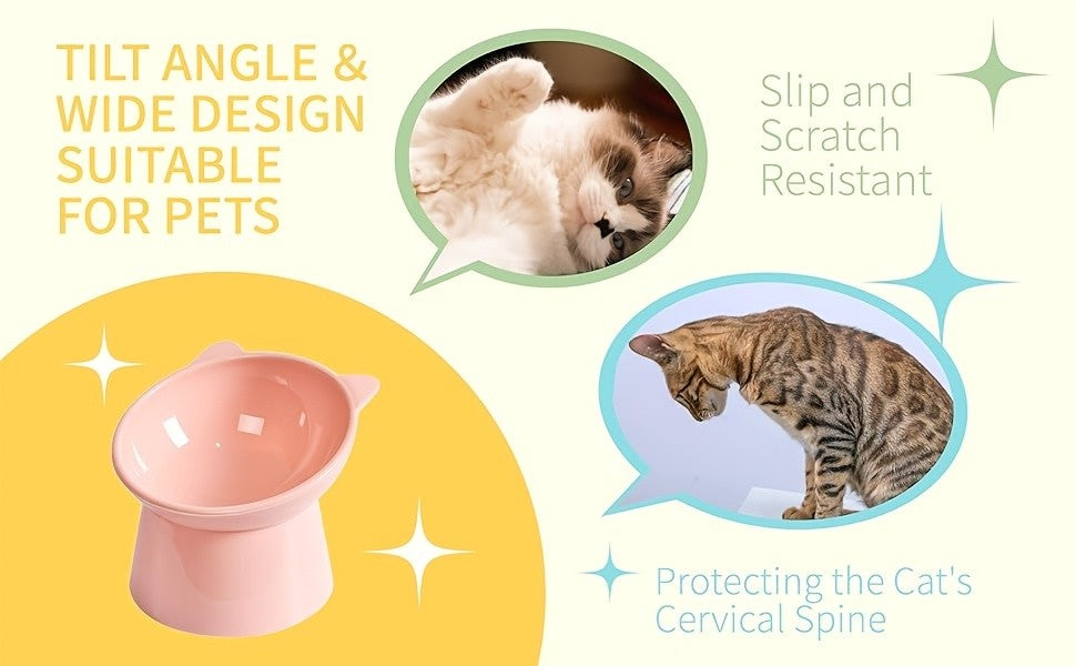 Raised Cat Bowls 3-Piece Color Set, Cat-Ear Shaped Elevated Pet Feeding Dishes with Anti-Slip Base in Blue, Pink and Green for Everyday Meals