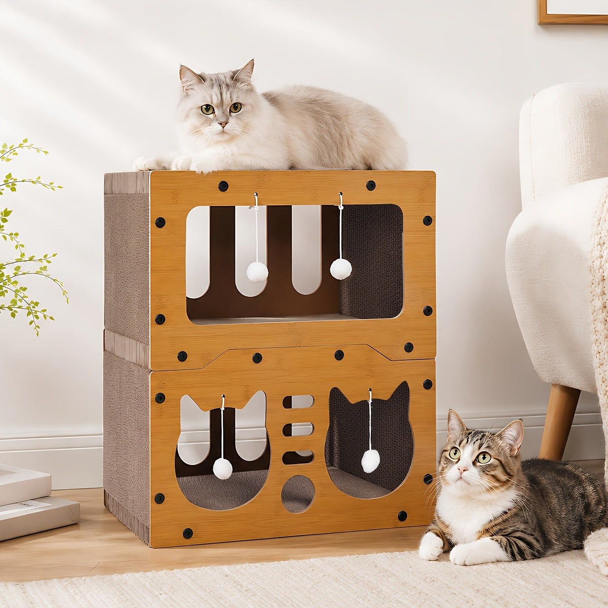 Cardboard Cat House with Scratching Board and Pompom Toy, Indoor Cat Hideout Bed for Scratching and Resting, Single or Double Layer Options