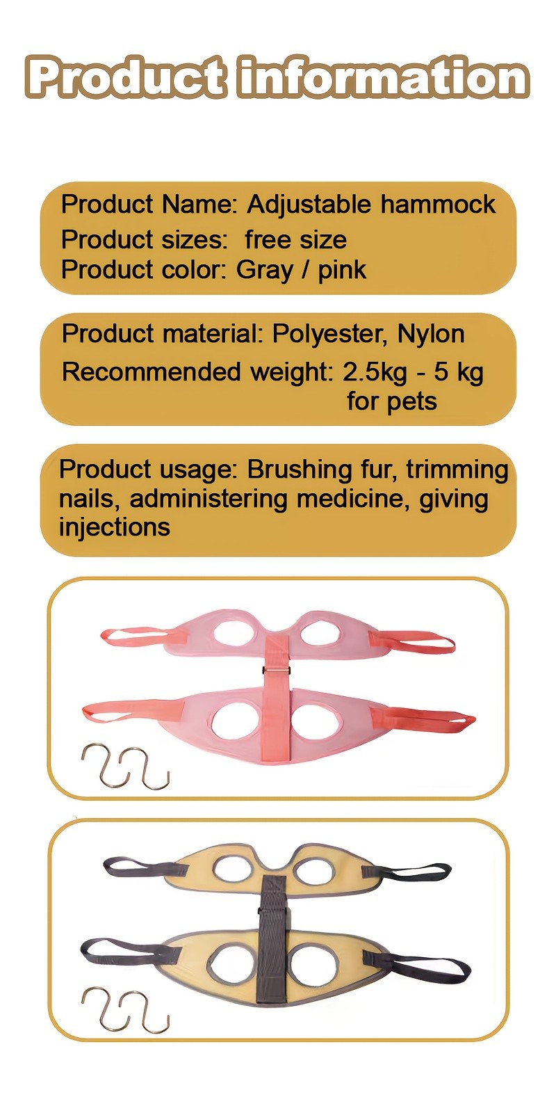Mesh Pet Grooming Hammock with Adjustable Straps and Hooks, Breathable Nail Trimming Support Sling for Cats and Small Dogs in Grey or Pink