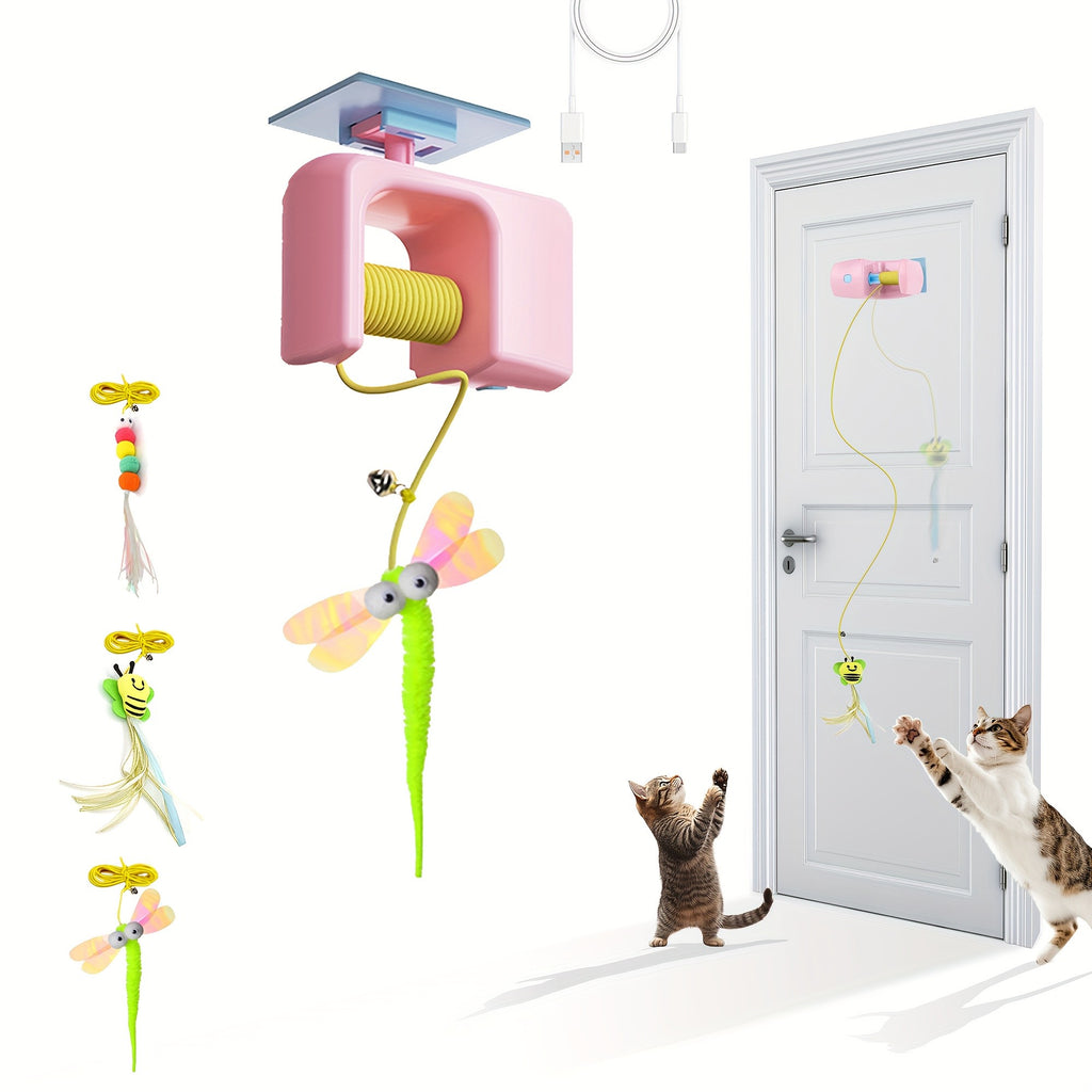 Automatic Hanging Cat Toy with Touch-Activated Retractable Tail, Blue Door or Wall Play Toy with Two Replacement Tails for Supervised Indoor Fun