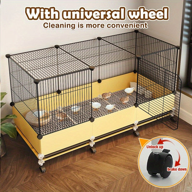 Rolling Poultry Cage 41.3 Inch with Yellow Lower Panels, Black Wire Mesh Enclosure, Front Access Door and Wheeled Base for Managed Bird Care