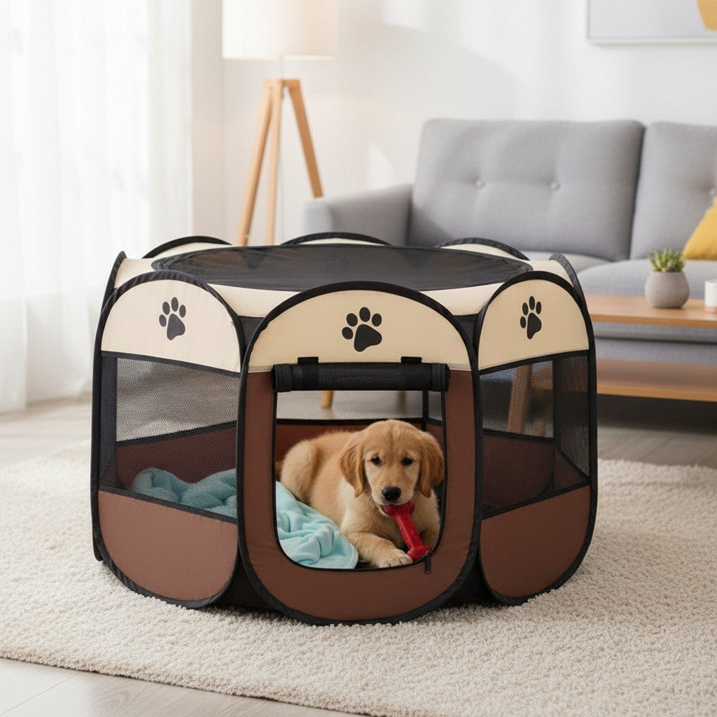 Foldable Pet Playpen with Zipper and Mesh Panels, Portable Cat and Puppy Enclosure in Three Sizes for Supervised Indoor and Outdoor Use