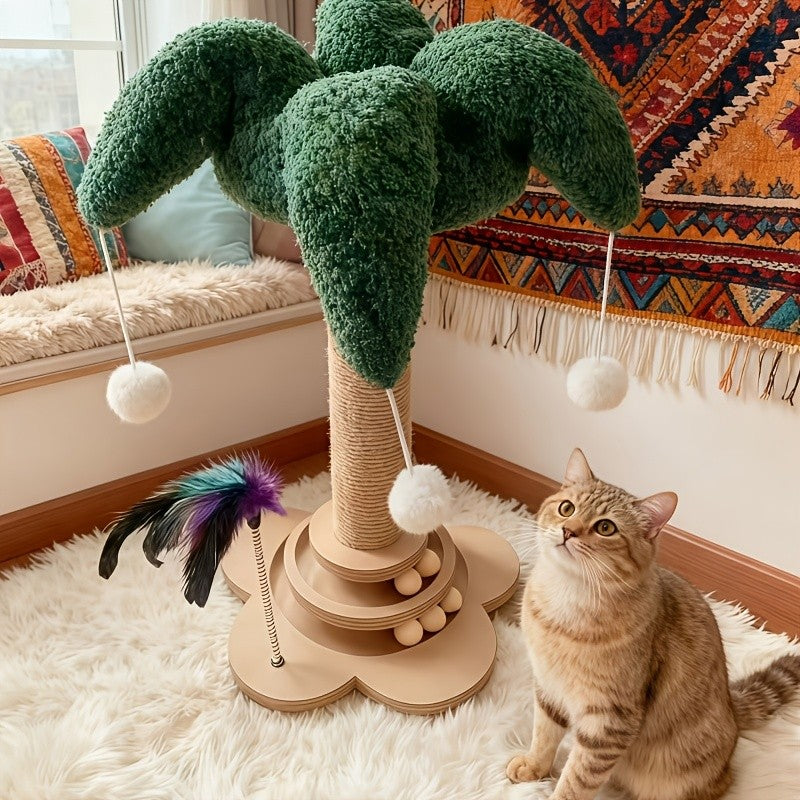 Sisal Cat Scratching Post with Clown Hat Design, Vertical Indoor Cat Scratcher with Random-Color Teaser Stick in Green or Dark Green