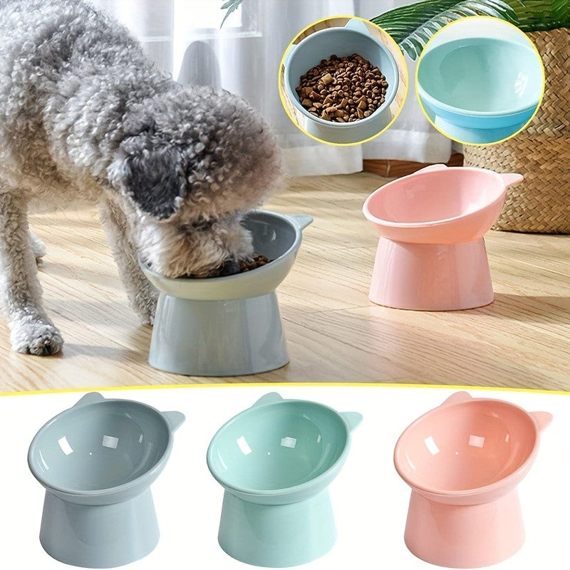 Raised Cat Bowls 3-Piece Color Set, Cat-Ear Shaped Elevated Pet Feeding Dishes with Anti-Slip Base in Blue, Pink and Green for Everyday Meals