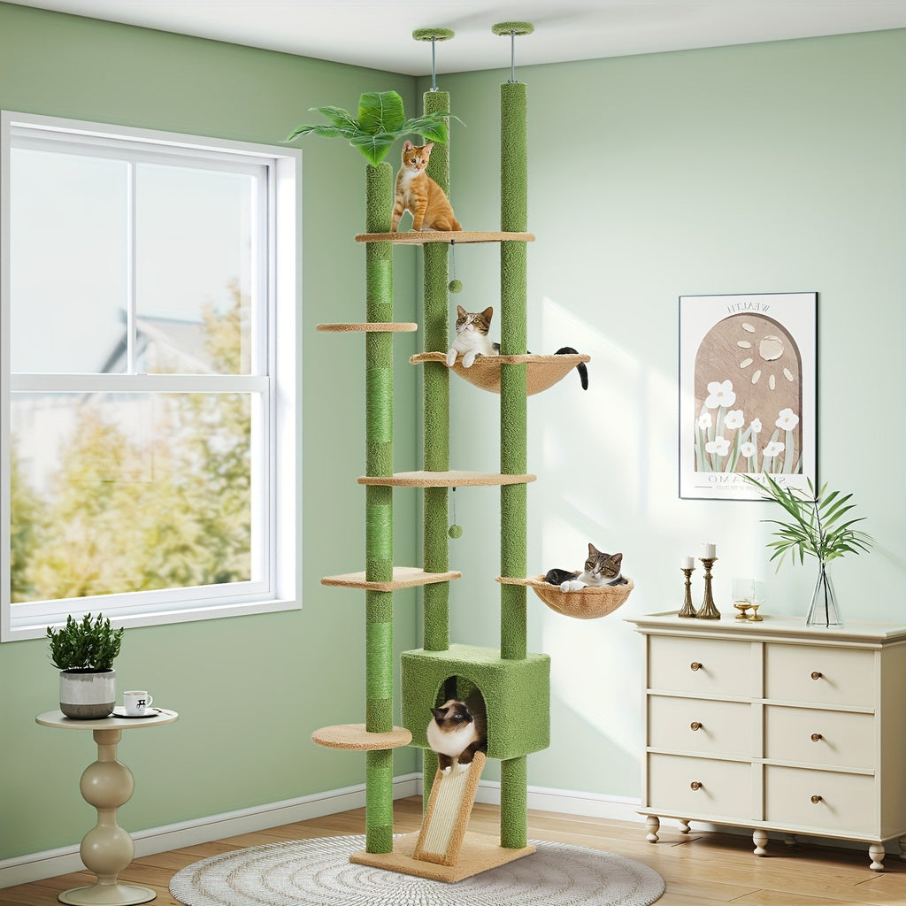 Adjustable Floor to Ceiling Cat Tree 90.5–100.4 Inches, Dual Top Support Indoor Tower with Condo, Hammocks, Climbing Platforms and Scratching Posts