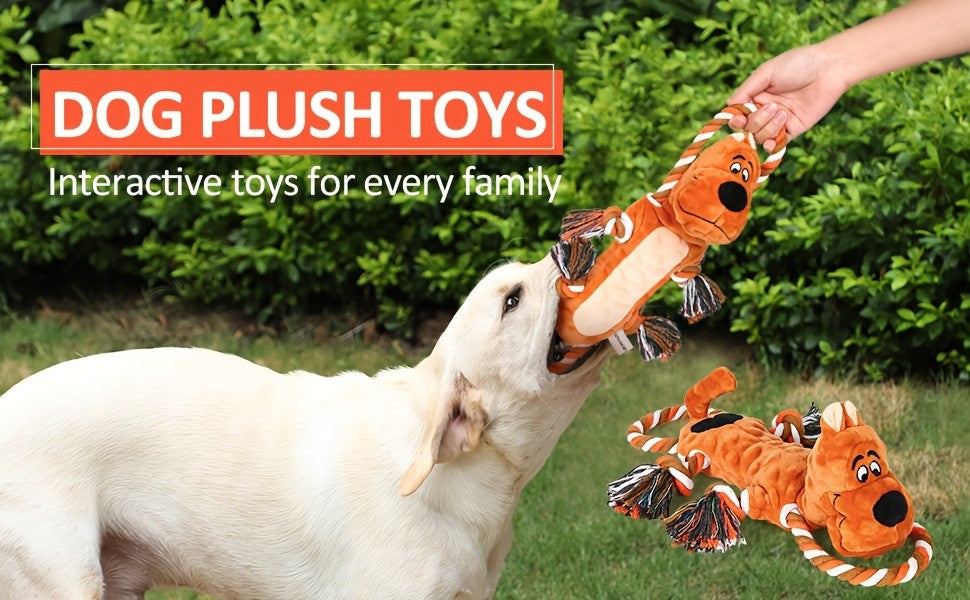Squeaky Tug Dog Toy with Rope Loops and Plush Animal Body, Dog, Dinosaur or Lion Styles for Supervised Gentle Tug, Fetch and Indoor Play
