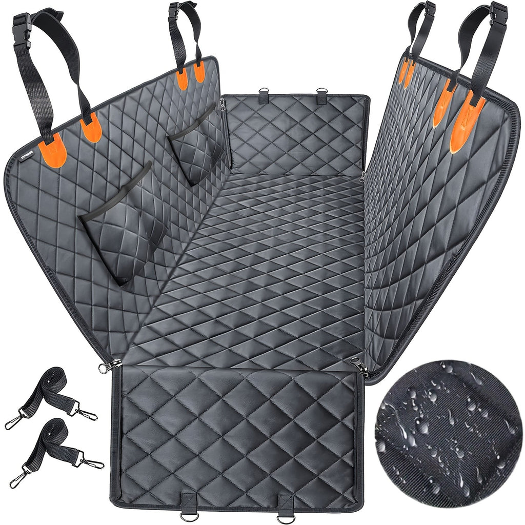 Dog Car Hammock with 4 Storage Pockets, 600D Rear Seat Cover with Side Flaps and Headrest Straps for Pet Travel in Cars, Trucks and SUVs