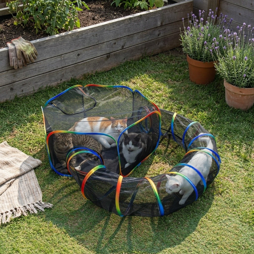 Outdoor Cat Enclosure with Play Tunnel, Portable Mesh Catio Tent with Rainbow Trim for Indoor Cats and Supervised Backyard Exploration