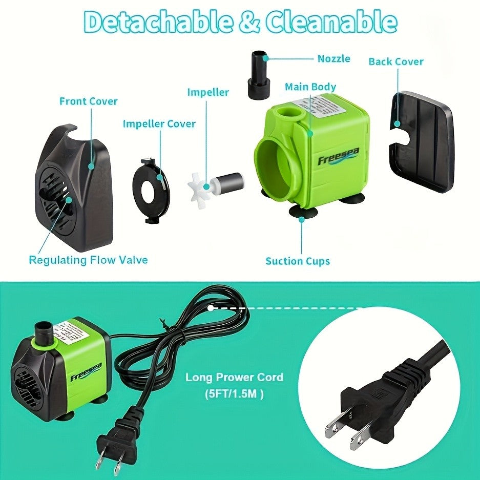 Submersible Fountain Pump 160GPH 10W with Adjustable Flow, Two Nozzles and Tubing for Aquarium, Small Pond and Hydroponic Water Circulation