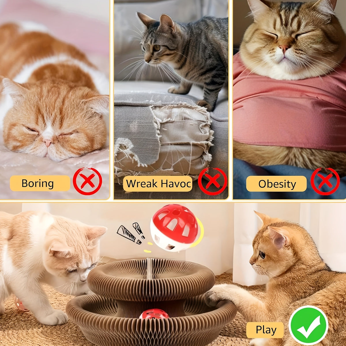 Accordion Cat Scratcher with Ball Track, Foldable Corrugated Cardboard Scratching Pad for Indoor Cats, Brown with Bell Bundle Option