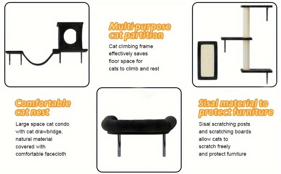 Cat Climbing Wall Shelves Set, Wall-Mounted Indoor Cat Furniture with Condo, Scratching Post, Bridge Ladder and Tunnel for Play and Rest