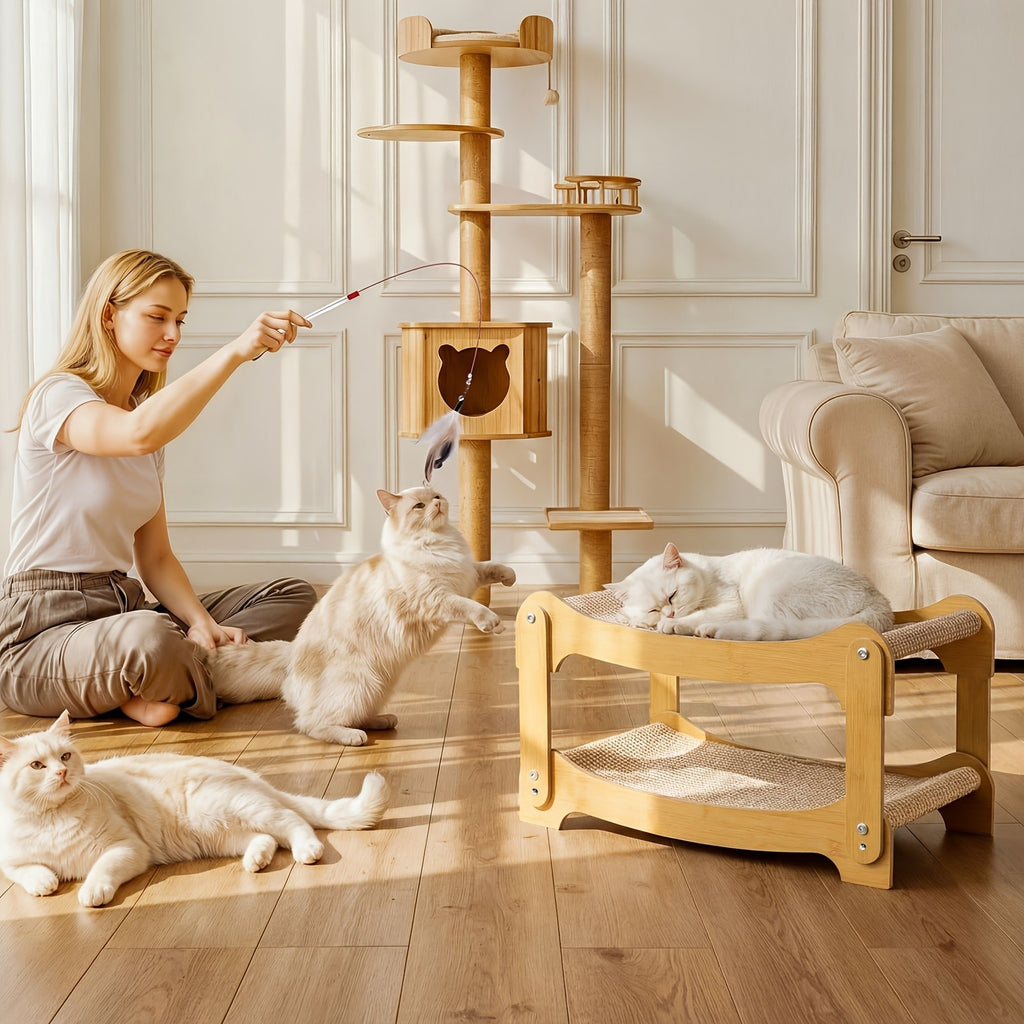 Cat Bunk Bed with Sisal Scratching Surfaces, Wooden Double-Decker Indoor Cat Lounger with Two Open Resting Levels, Large Size