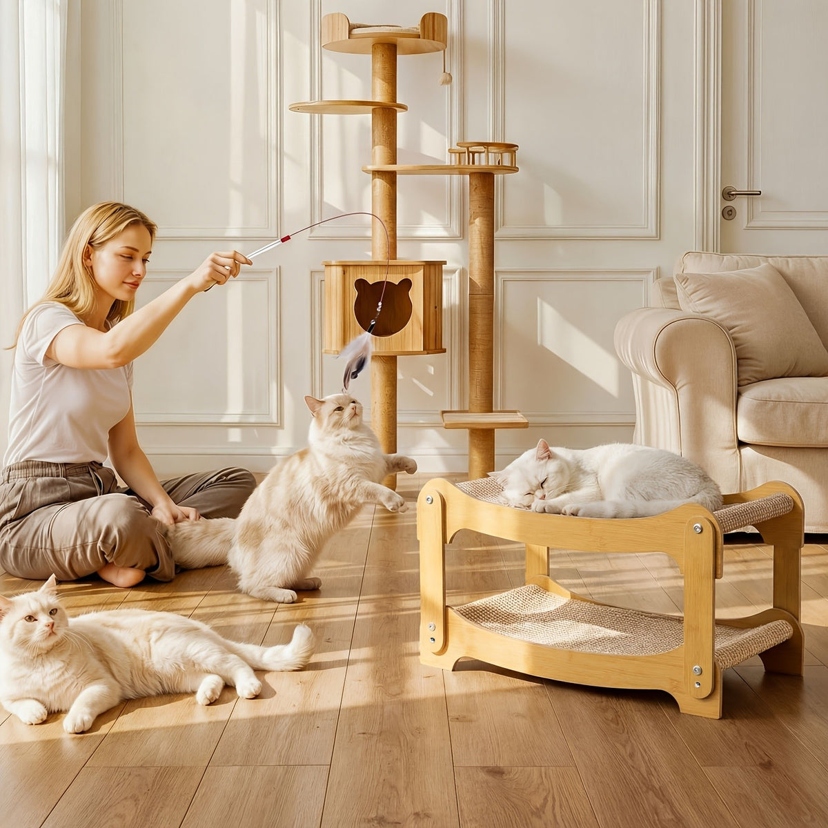 Cat Bunk Bed with Sisal Scratching Surfaces, Wooden Double-Decker Indoor Cat Lounger with Two Open Resting Levels, Large Size