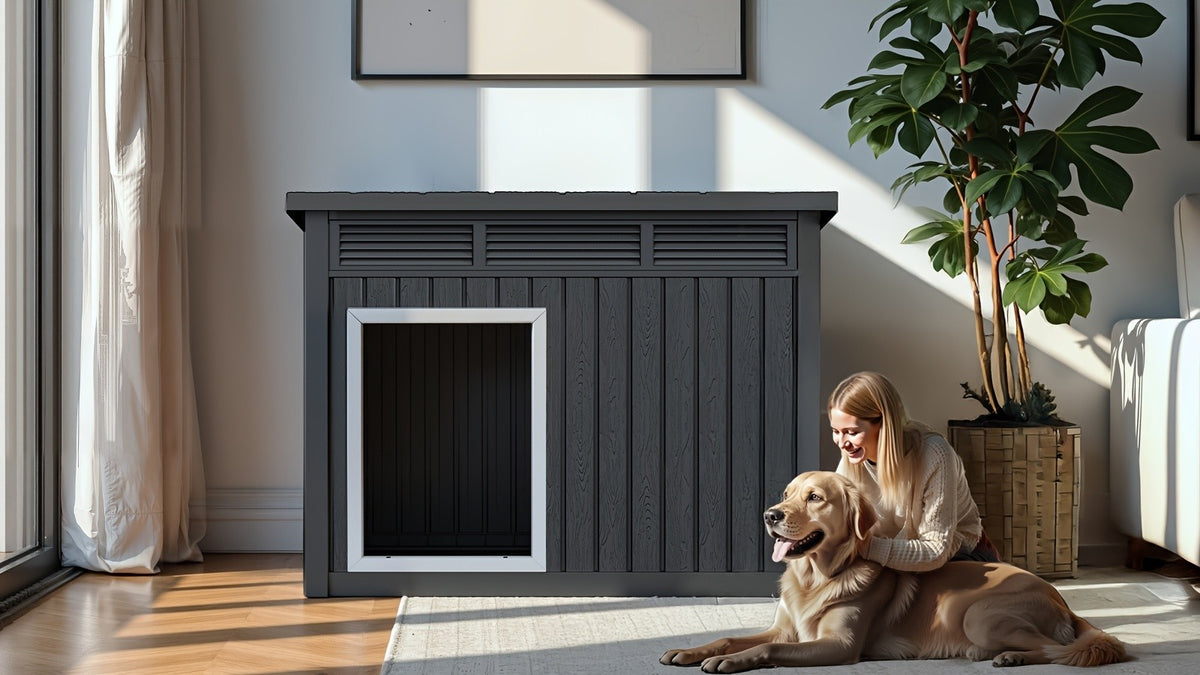 Ventilated Dog House with Slanted Roof, Black or Grey Indoor Outdoor Pet Shelter with Listed Waterproof and UV-Resistant Features for Large Dogs