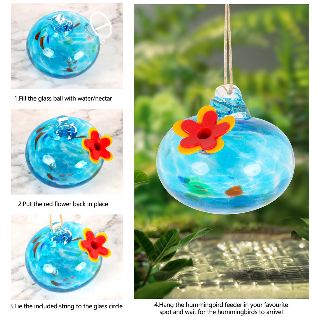 Hanging Glass Hummingbird Feeder with Flower Port, Colorful Round Nectar Ornament for Garden, Patio and Terrace Decor, Bird Lover Gift
