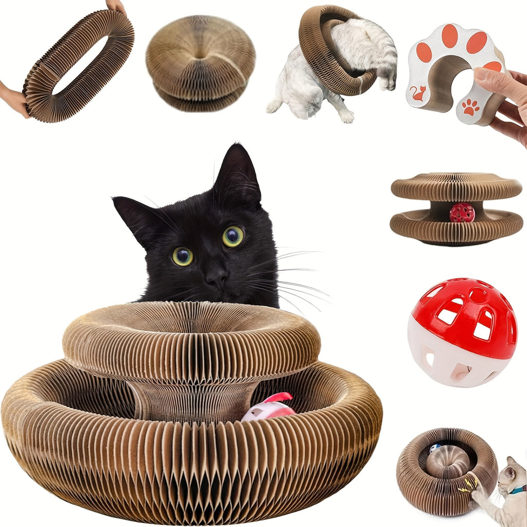 Accordion Cat Scratcher with Ball Track, Foldable Corrugated Cardboard Scratching Pad for Indoor Cats, Brown with Bell Bundle Option