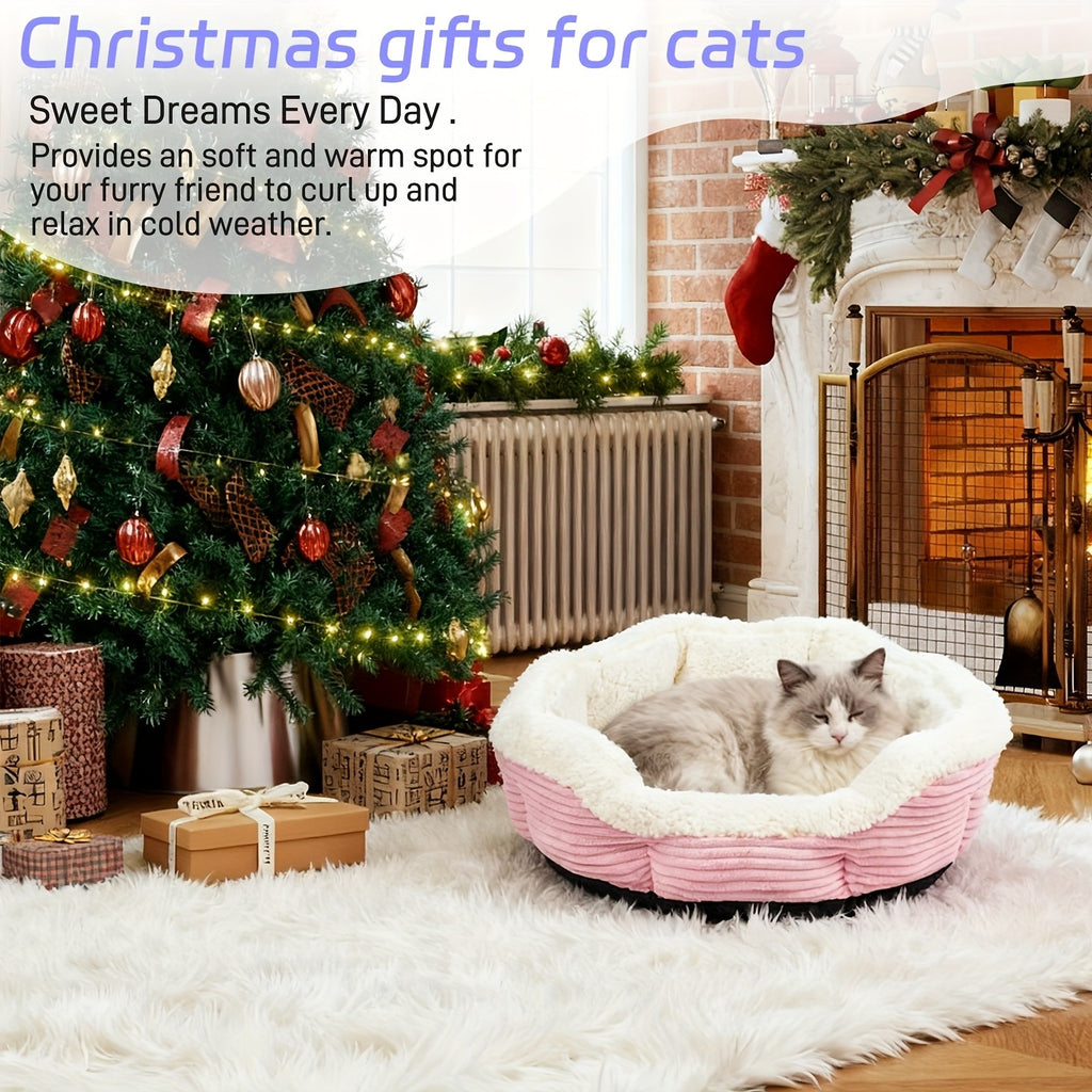 Machine Washable Pet Bed for Cats and Dogs, Thick Plush Winter Sleeping Cushion with Non-Slip Base, Pink or Gray in Round and Rectangle Options
