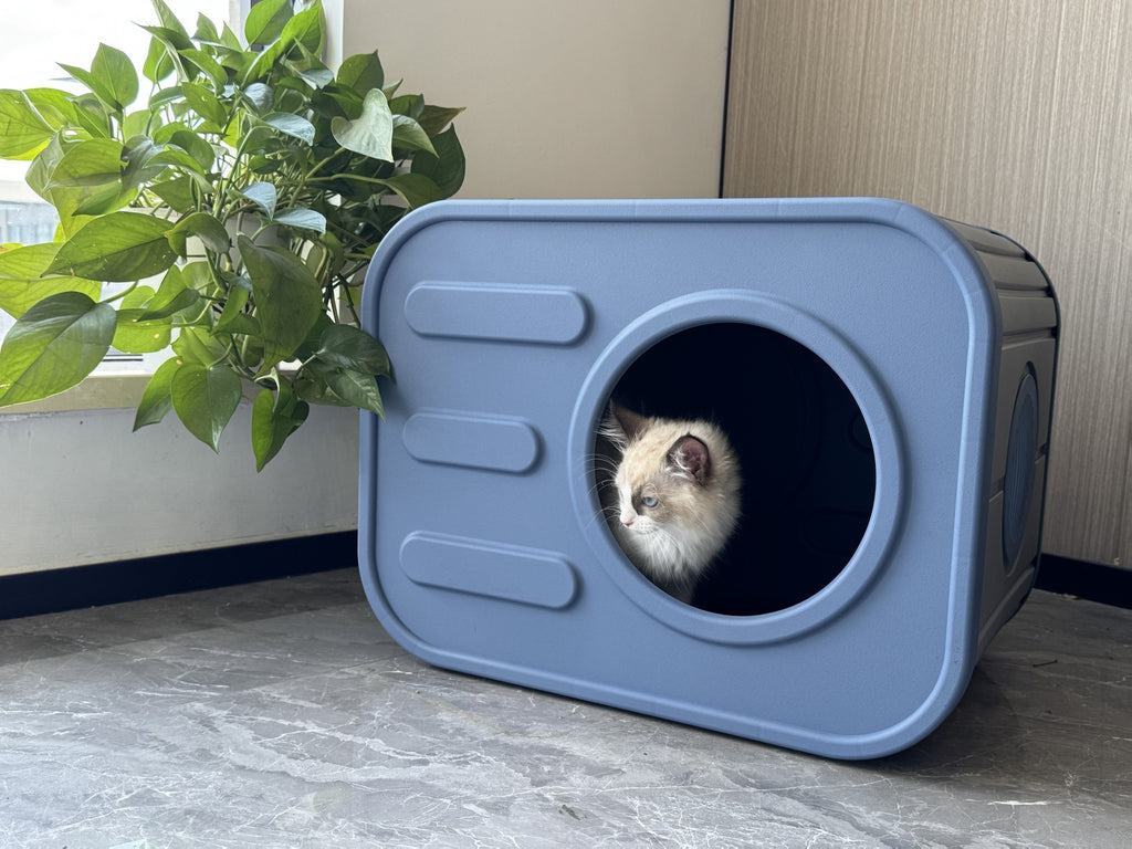 Blue Resin Cat House for Indoor and Outdoor Use, Easy-to-Assemble and Easy-to-Clean Pet Resting Shelter, 20.83 x 14.21 x 15.91 Inches