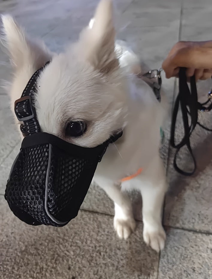 Full Coverage Mesh Dog Muzzle Mask 2-Pack in Black, Reflective Polyester Design with Adjustable Straps for Supervised Grooming and Vet Visits