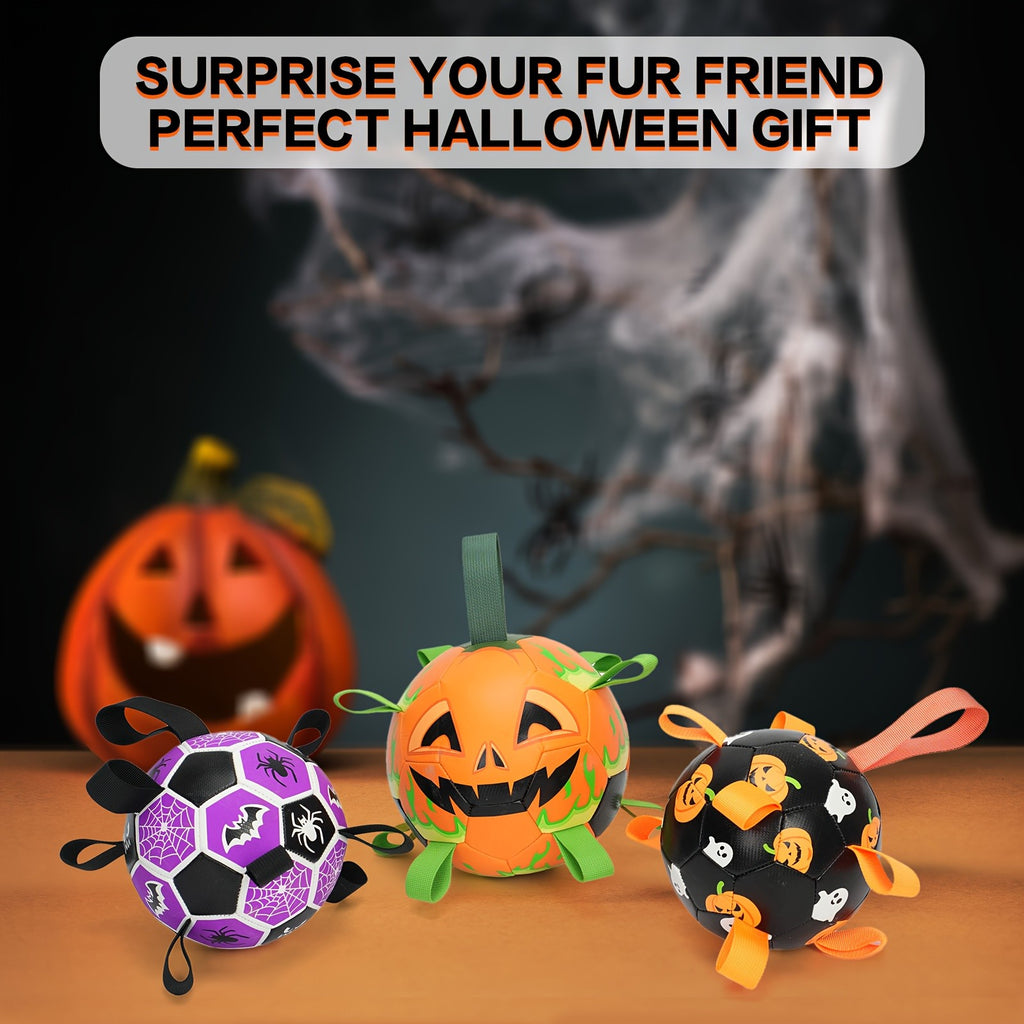 Halloween Dog Ball with Pumpkin and Ghost Print, Black Soccer-Style Fetch Toy with Orange Grab Straps, Pump and Needle for Supervised Outdoor Play
